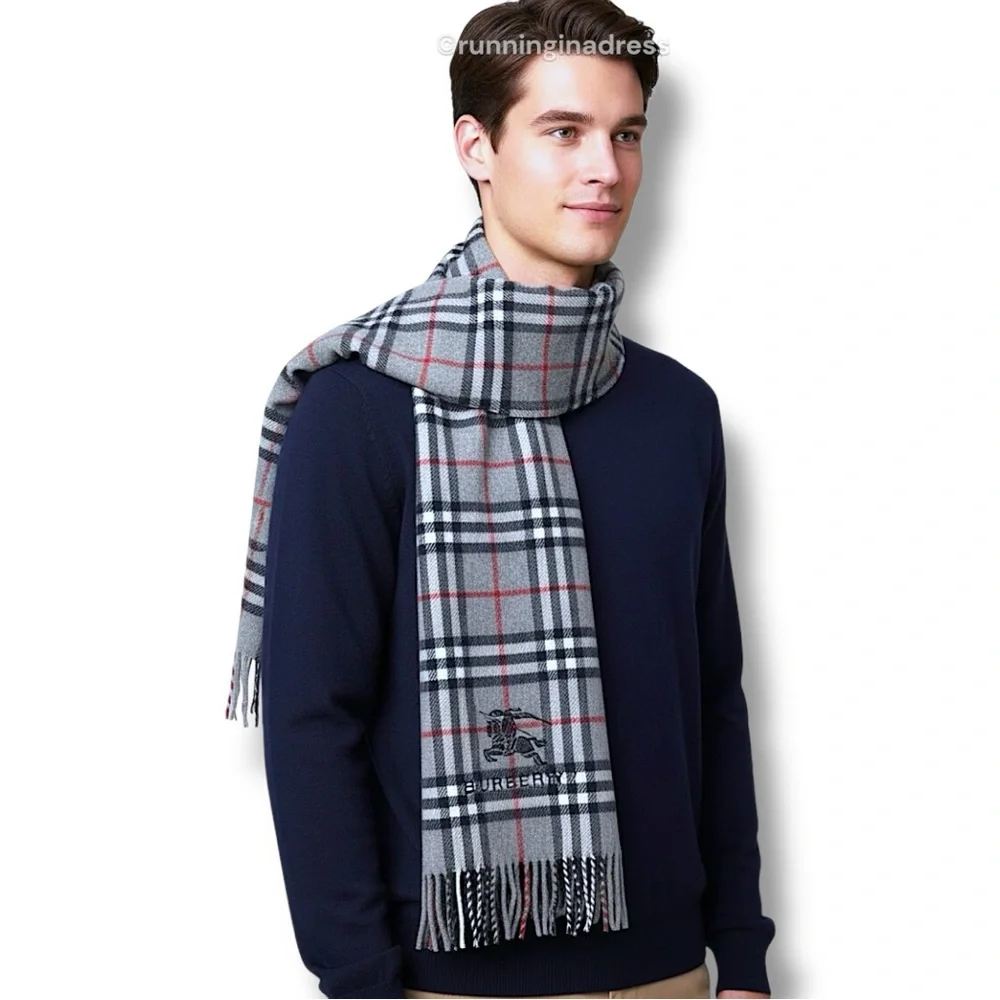 Vintage Burberry Nova Check Blanket Scarf Equestrian Knight Logo Grey Navy Blue